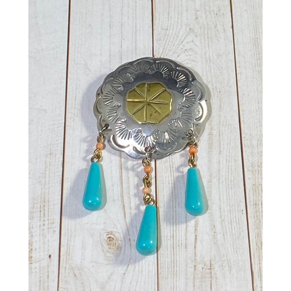 925 Mexico Laton Etched Brooch Pin Turquoise Dangle Beaded Designer Signed